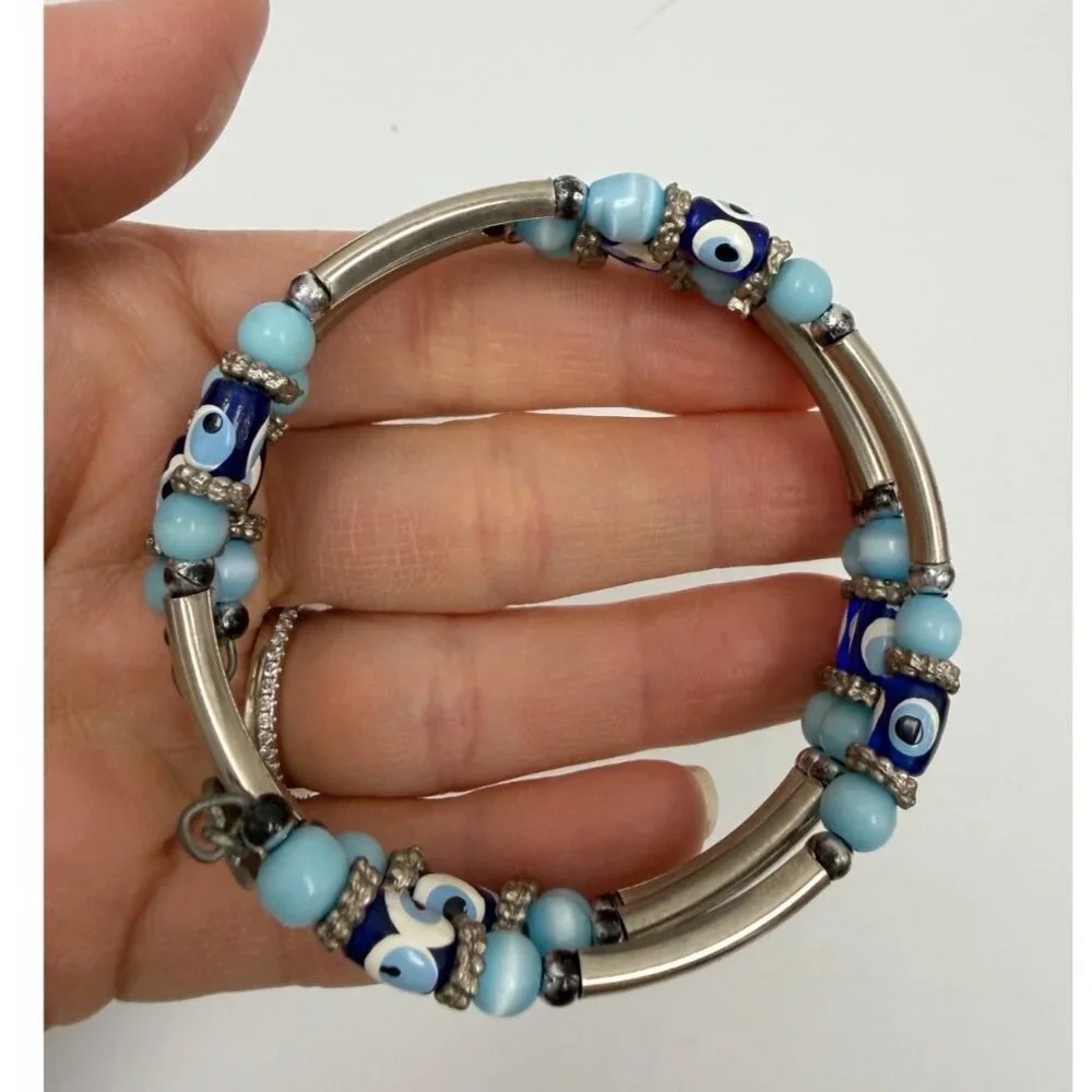 Vintage Silver Tone Layer Blue  Round & Barrel Beaded Bracelet